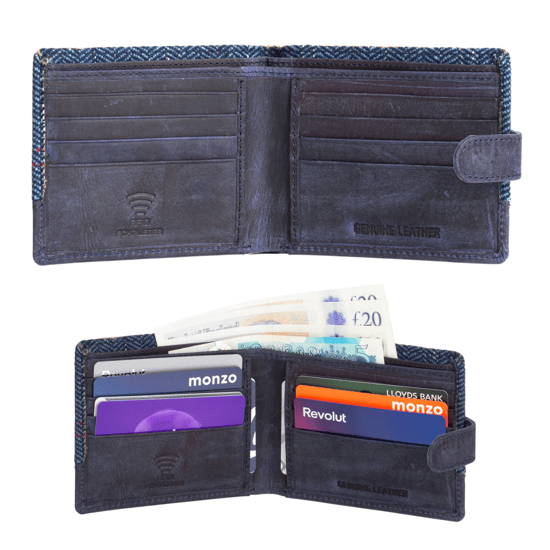 Men’s Genuine Leather RFID Wallet with Tweed Details, Navy Slim Bifold Card Holder - Image 3