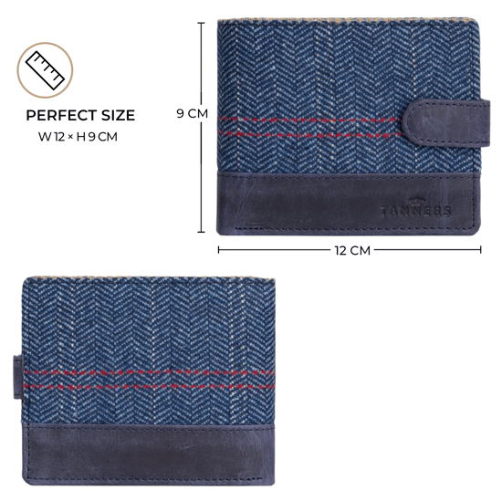 Men’s Genuine Leather RFID Wallet with Tweed Details, Navy Slim Bifold Card Holder - Image 6