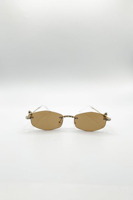 Rimless Oval Diamante Sunglasses In Brown - Image 1