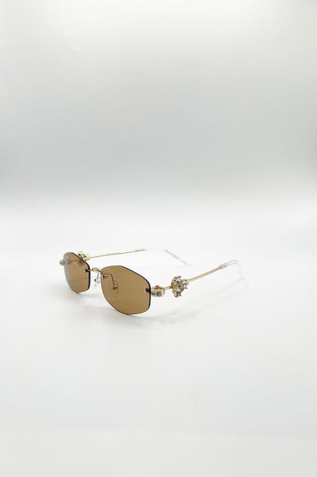 Rimless Oval Diamante Sunglasses In Brown - Image 2
