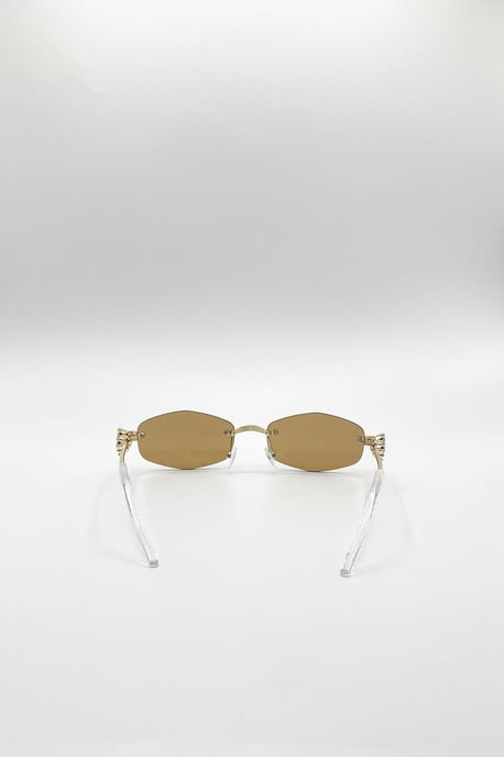 Rimless Oval Diamante Sunglasses In Brown - Image 4