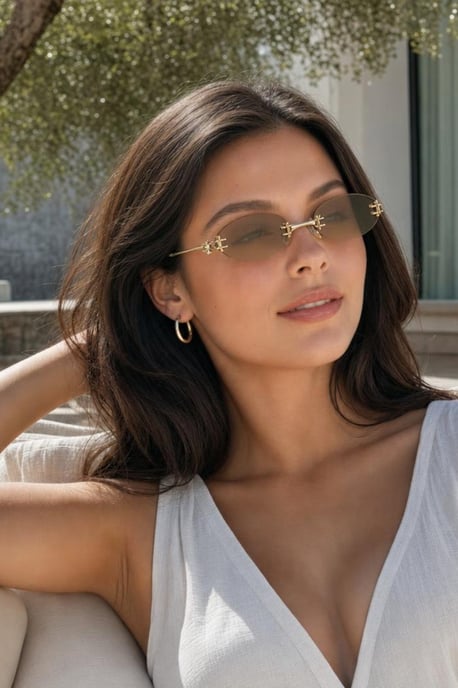 Rimless Oval Diamante Sunglasses In Brown - Image 5