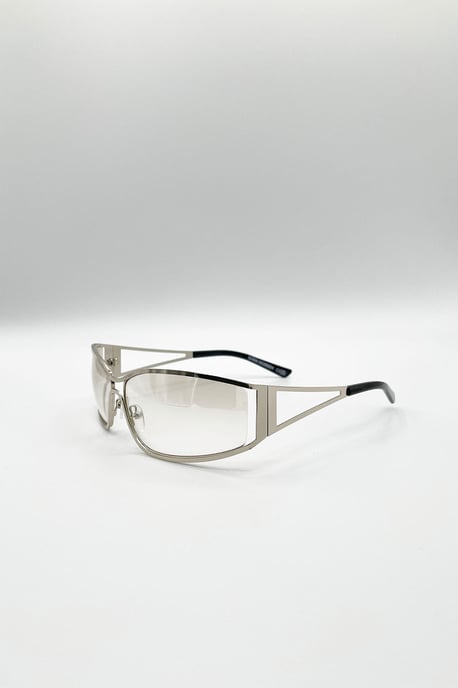 Retangle Wrap Around Metal Sunglasses In Silver - Image 2
