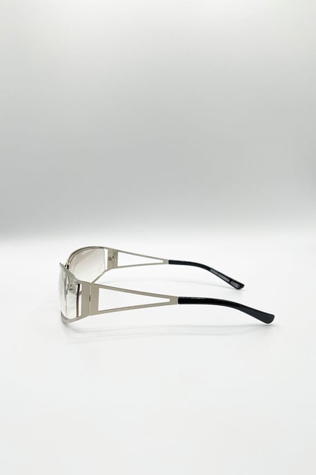 Retangle Wrap Around Metal Sunglasses In Silver - Image 3