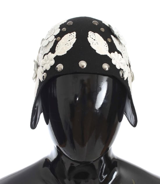 Dolce & Gabbana Black Wool White Floral Gold Leaf Women's Hat - Image 2