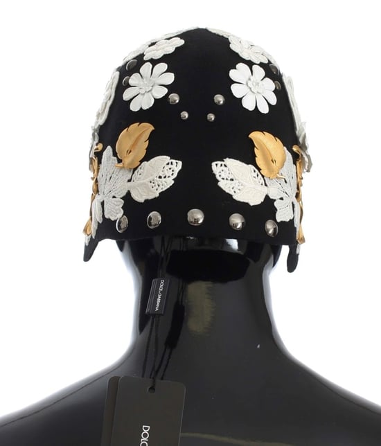 Dolce & Gabbana Black Wool White Floral Gold Leaf Women's Hat - Image 3