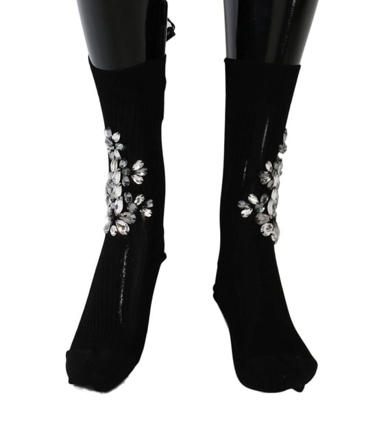 Dolce & Gabbana Svarta Stickade Blommiga Klara Kristallsockor - Image 2