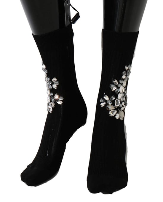 Dolce & Gabbana Svarta Stickade Blommiga Klara Kristallsockor - Image 3