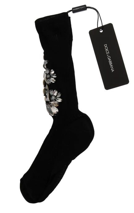 Dolce & Gabbana Svarta Stickade Blommiga Klara Kristallsockor - Image 4
