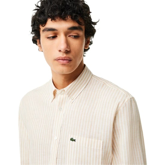 Men's Lacoste Regular Fit Long Sleeve Shirt in White/Croissant - Image 3