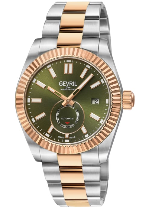 Gevril Men's Automatic West Village 316L Stainless Steel Case,Rose Gold Bezel Blue Sunray Dial, Two toned SS/IPRG Bracelet. - Image 1