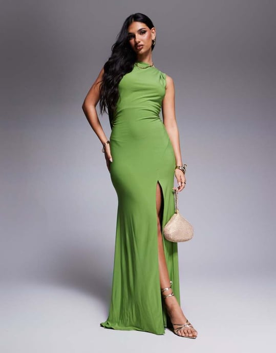 ASOS DESIGN Premium slash neck maxi dress with dramatic drape back in green - Image 1
