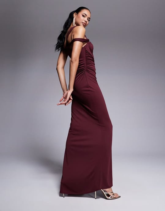 ASOS DESIGN double strap knot neck detail maxi dress in burgundy - Image 4