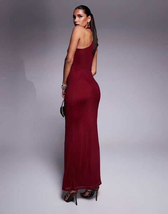 ASOS DESIGN halter cross front maxi dress in burgundy - Image 3