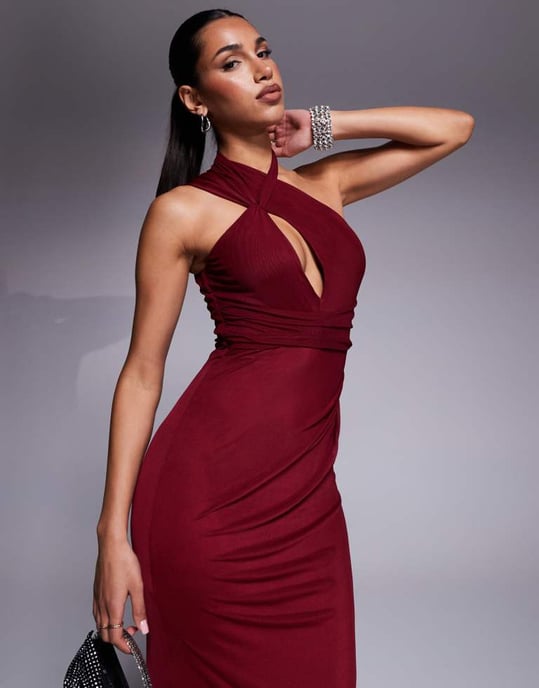 ASOS DESIGN halter cross front maxi dress in burgundy - Image 4