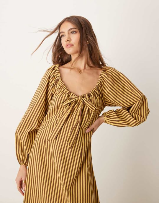 Glamorous tie front volume sleeve maxi smock dress in yellow brown stripe - Image 1