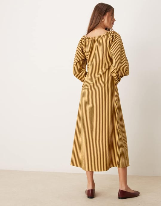 Glamorous tie front volume sleeve maxi smock dress in yellow brown stripe - Image 4