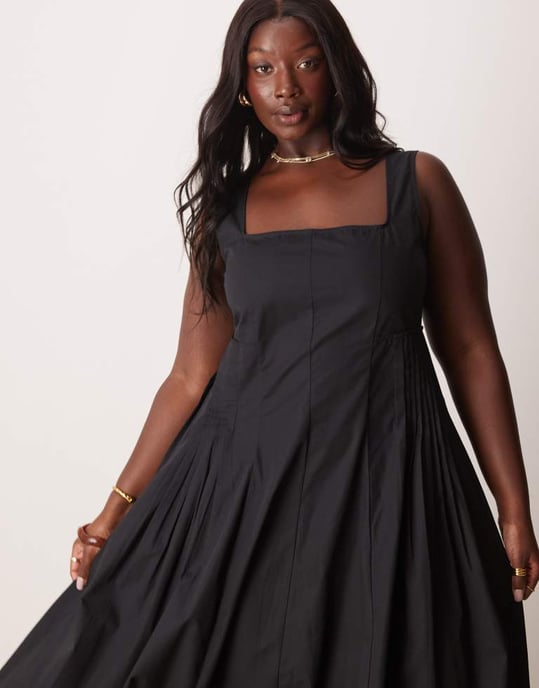 ASOS DESIGN Curve scoop neck pleat waist maxi sundress in black - Image 4