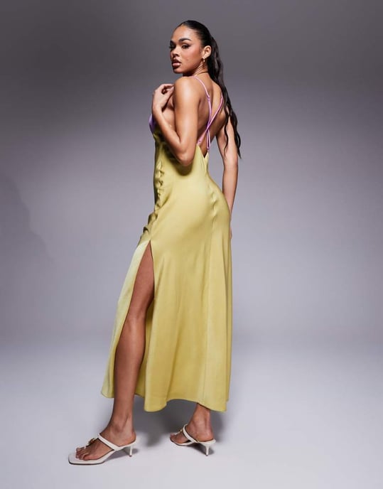 ASOS DESIGN satin cami maxi dress with colourblock bodice in pink and lime - Image 2