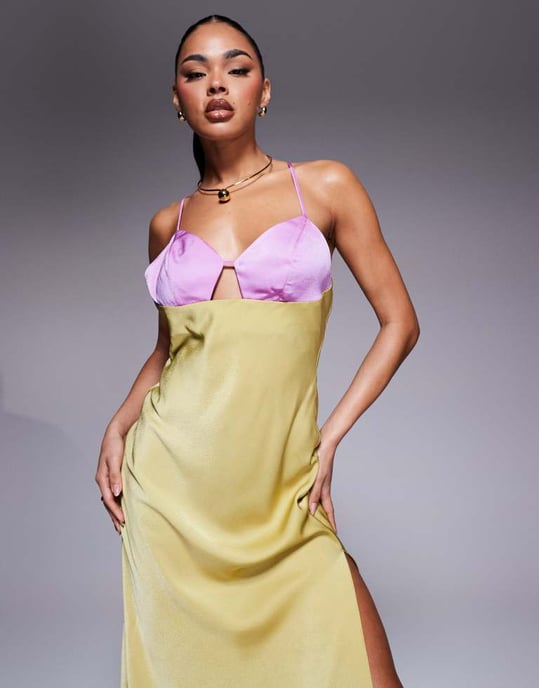 ASOS DESIGN satin cami maxi dress with colourblock bodice in pink and lime - Image 3