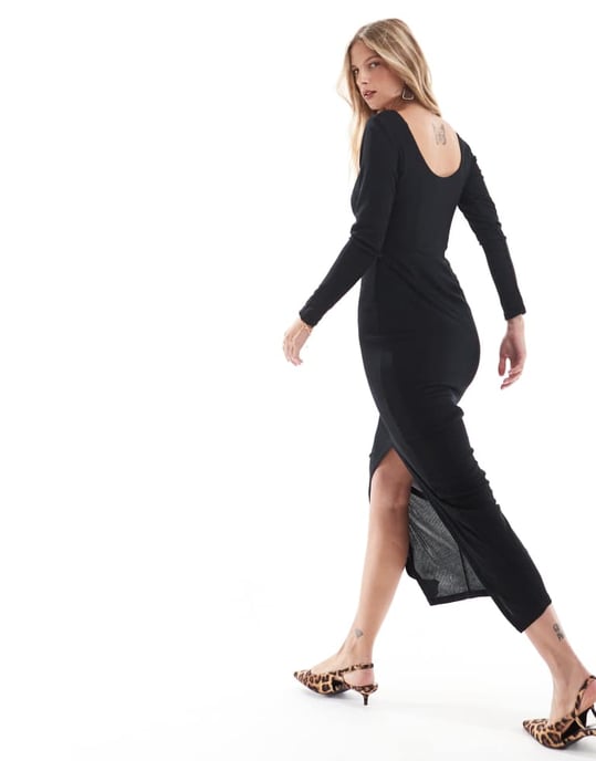 Closet London ribbed bodycon maxi dress with side split in black - Image 3