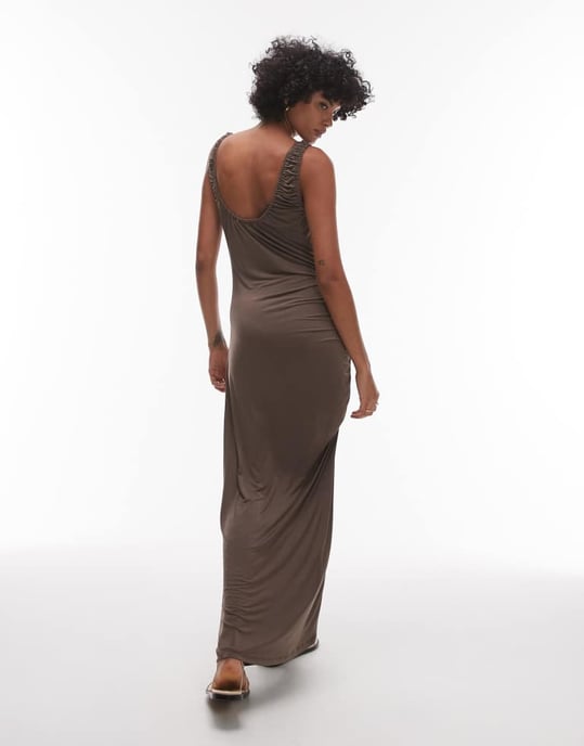 Topshop slinky scoop neck maxi dress in brown - Image 2