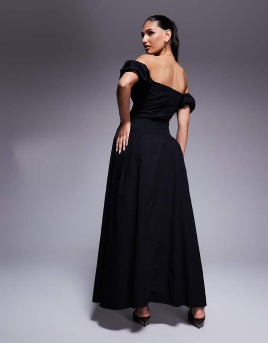 Kaiia exclusive cotton milkmaid puff sleeve hip pleat detail maxi dress in black - Image 3