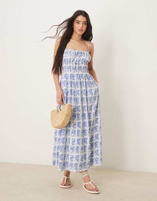 Abercrombie & Fitch flowy maxi dress in blue stamp print - Image 1