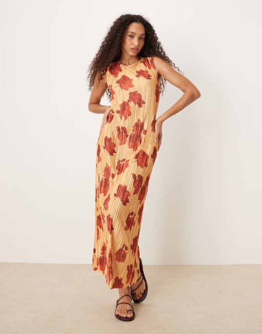 ASOS DESIGN plisse sleeveless slash neck maxi dress in orange & red floral - MULTI - Image 1