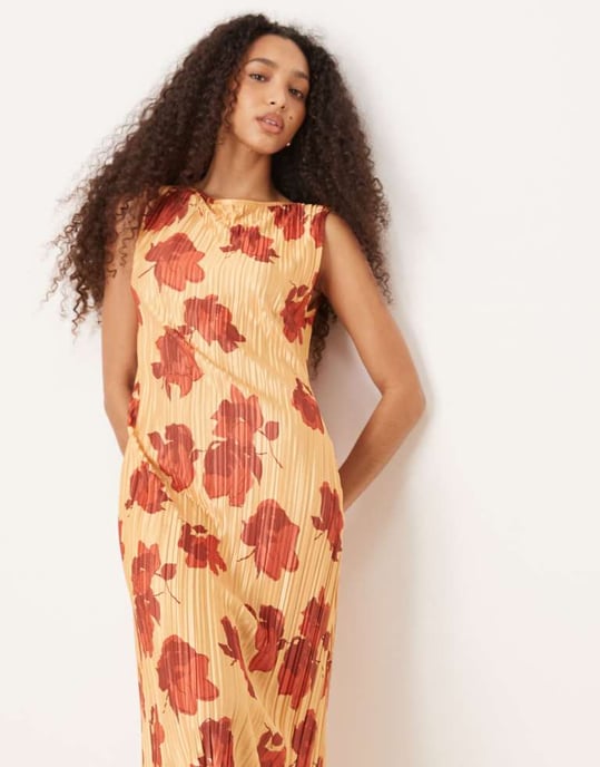 ASOS DESIGN plisse sleeveless slash neck maxi dress in orange & red floral - MULTI - Image 2