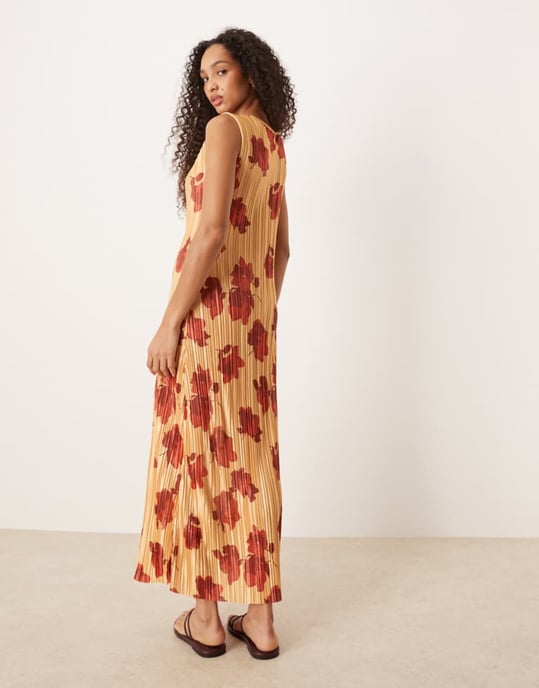 ASOS DESIGN plisse sleeveless slash neck maxi dress in orange & red floral - MULTI - Image 3