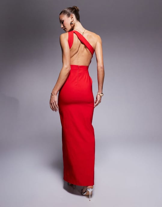 Vesper bengaline asymmetric backless maxi dress with thigh split in red - Image 4