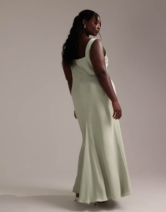ASOS DESIGN Curve Bridesmaid satin square neck maxi dress in light green - Image 3