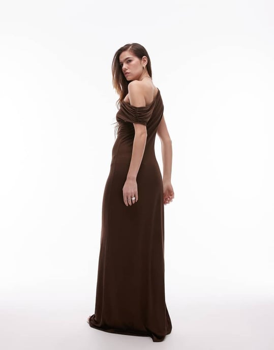 Topshop jersey off the shoulder slinky maxi dress in chocolate brown - Image 2