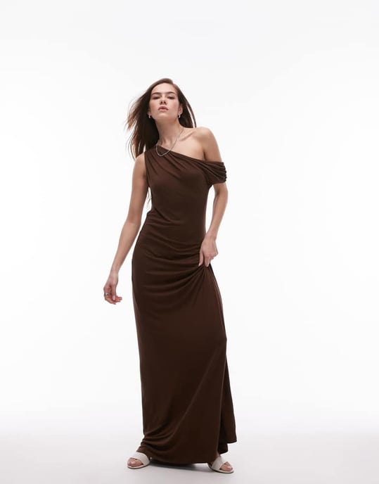 Topshop jersey off the shoulder slinky maxi dress in chocolate brown - Image 3