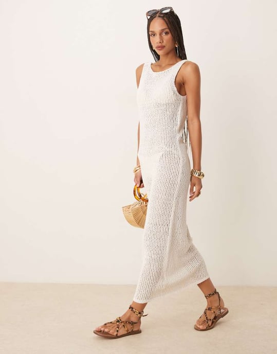 Abercrombie & Fitch crochet twist strap open back maxi dress in white - Image 2