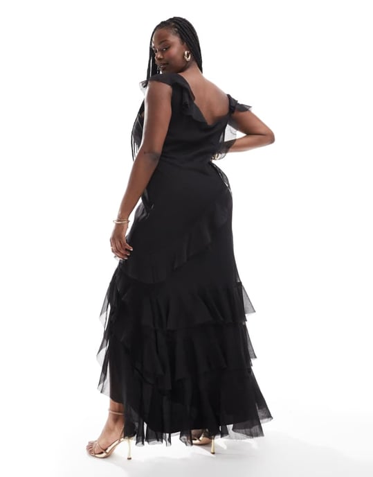 ASOS DESIGN Curve asymmetric shoulder bias cut maxi dress with ruffle details in black - Image 2