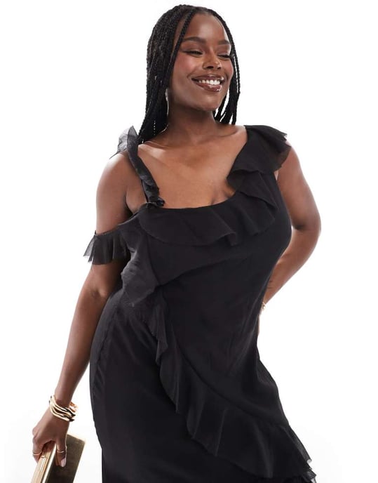 ASOS DESIGN Curve asymmetric shoulder bias cut maxi dress with ruffle details in black - Image 3