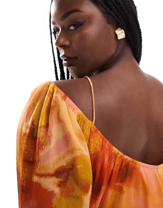 ASOS DESIGN Curve scoop neck shirred waist insert maxi dress in orange floral print - Image 2