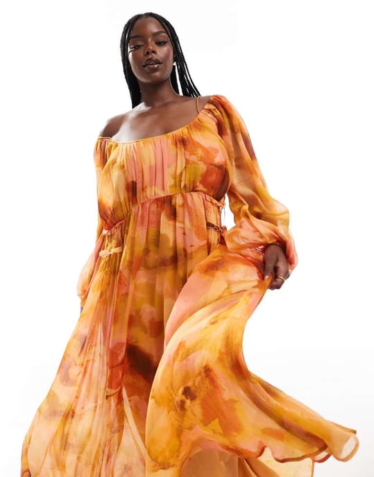 ASOS DESIGN Curve scoop neck shirred waist insert maxi dress in orange floral print - Image 3