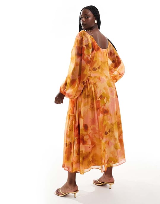 ASOS DESIGN Curve scoop neck shirred waist insert maxi dress in orange floral print - Image 4