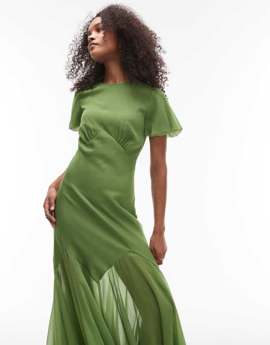 Topshop ruffle sleeve volume hem maxi dress in olive - Image 2