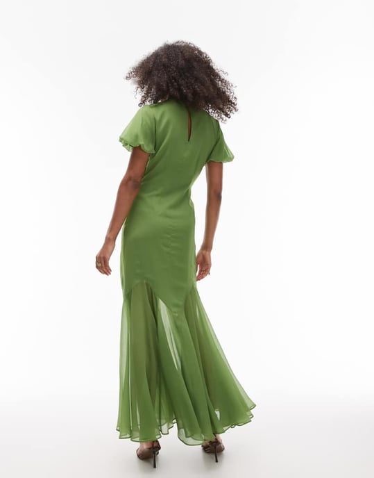 Topshop ruffle sleeve volume hem maxi dress in olive - Image 3