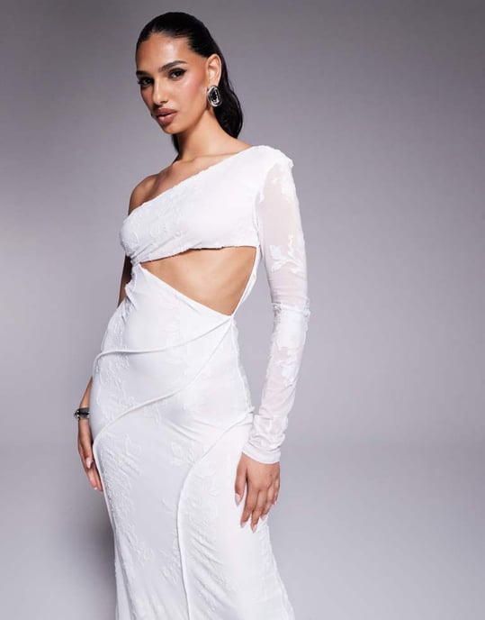 ASOS DESIGN devore one sleeve maxi dress with open back and exposed seam details in white - Image 3