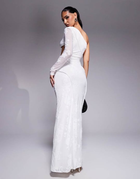 ASOS DESIGN devore one sleeve maxi dress with open back and exposed seam details in white - Image 4