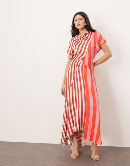 ARRANGE cowl neck maxi dress with asymmetric hem in colourblock stripe - Image 1