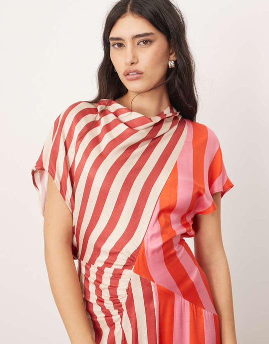 ARRANGE cowl neck maxi dress with asymmetric hem in colourblock stripe - Image 2