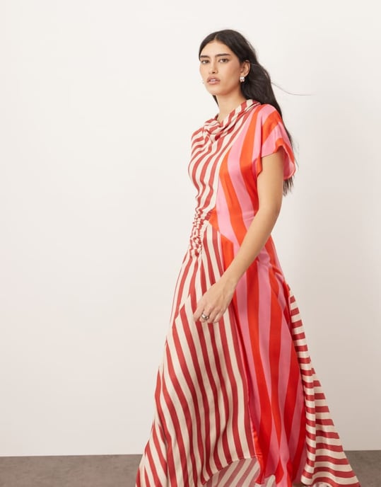 ARRANGE cowl neck maxi dress with asymmetric hem in colourblock stripe - Image 3