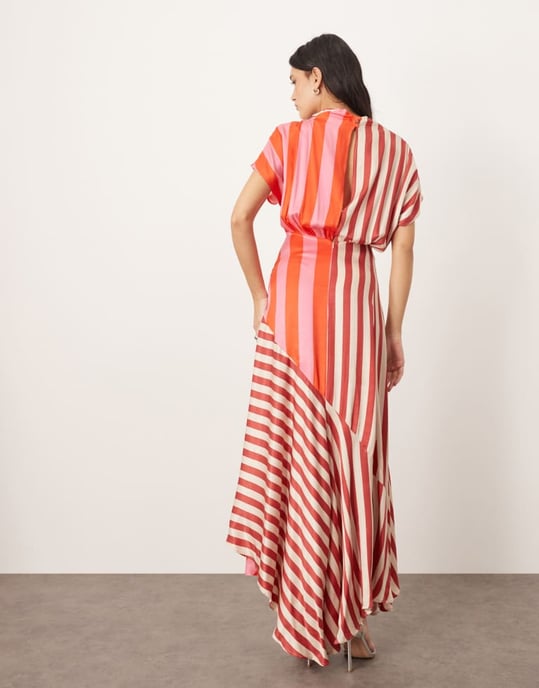 ARRANGE cowl neck maxi dress with asymmetric hem in colourblock stripe - Image 4