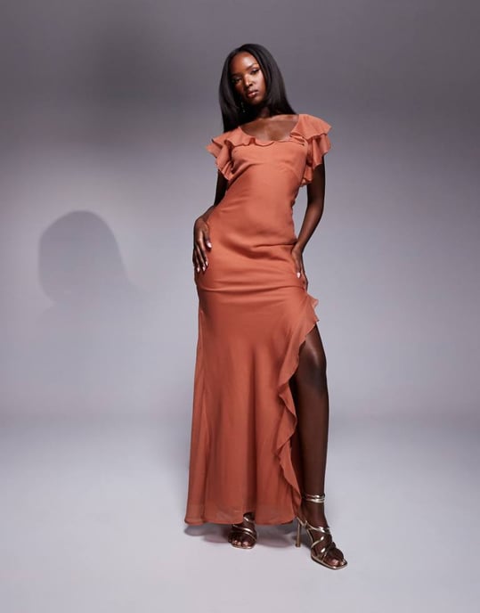 ASOS DESIGN ruffle flutter sleeve maxi dress with side split in rust - Image 1
